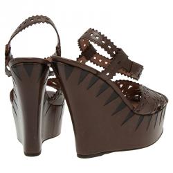Pre Owned Azzedine Alaia Brown Cutout Leather Wedge Sandals Size 39