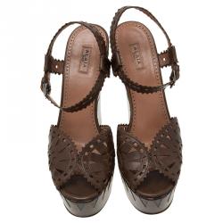 Pre Owned Azzedine Alaia Brown Cutout Leather Wedge Sandals Size 39