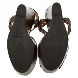 Pre Owned Azzedine Alaia Brown Cutout Leather Wedge Sandals Size 39