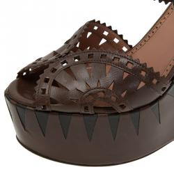 Pre Owned Azzedine Alaia Brown Cutout Leather Wedge Sandals Size 39