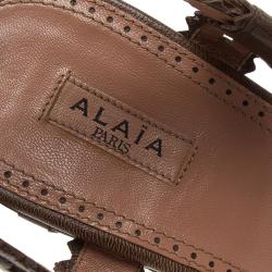 Pre Owned Azzedine Alaia Brown Cutout Leather Wedge Sandals Size 39