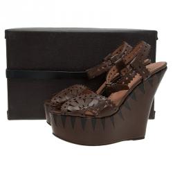 Pre Owned Azzedine Alaia Brown Cutout Leather Wedge Sandals Size 39