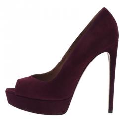 Pre Owned Azzedine Alaia Burgundy Suede Peep Toe Platform Pumps Size 38.5