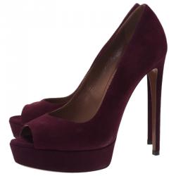 Pre Owned Azzedine Alaia Burgundy Suede Peep Toe Platform Pumps Size 38.5