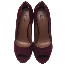 Pre Owned Azzedine Alaia Burgundy Suede Peep Toe Platform Pumps Size 38.5