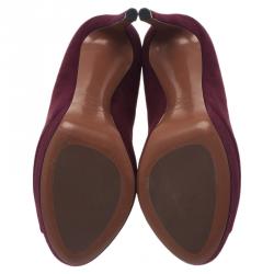 Pre Owned Azzedine Alaia Burgundy Suede Peep Toe Platform Pumps Size 38.5