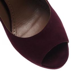 Pre Owned Azzedine Alaia Burgundy Suede Peep Toe Platform Pumps Size 38.5