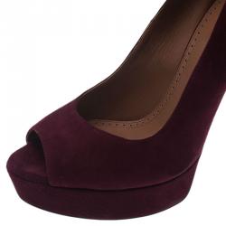Pre Owned Azzedine Alaia Burgundy Suede Peep Toe Platform Pumps Size 38.5