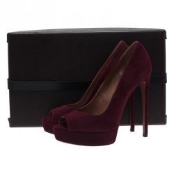 Pre Owned Azzedine Alaia Burgundy Suede Peep Toe Platform Pumps Size 38.5