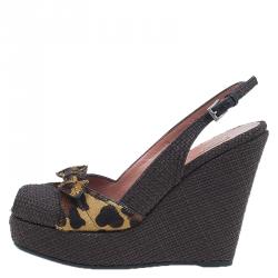 Pre Owned Azzedine Alaia Brown Raffia and Leopard Pony Hair Bow Slingback Wedges Size 36