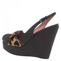 Pre Owned Azzedine Alaia Brown Raffia and Leopard Pony Hair Bow Slingback Wedges Size 36
