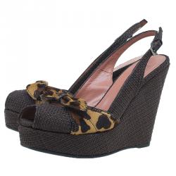 Pre Owned Azzedine Alaia Brown Raffia and Leopard Pony Hair Bow Slingback Wedges Size 36