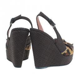 Pre Owned Azzedine Alaia Brown Raffia and Leopard Pony Hair Bow Slingback Wedges Size 36