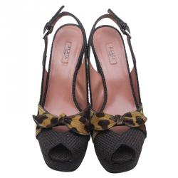 Pre Owned Azzedine Alaia Brown Raffia and Leopard Pony Hair Bow Slingback Wedges Size 36
