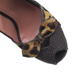 Pre Owned Azzedine Alaia Brown Raffia and Leopard Pony Hair Bow Slingback Wedges Size 36