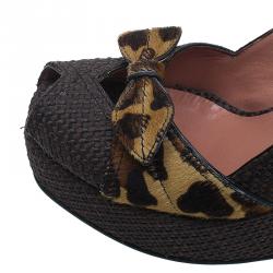 Pre Owned Azzedine Alaia Brown Raffia and Leopard Pony Hair Bow Slingback Wedges Size 36