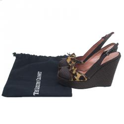 Pre Owned Azzedine Alaia Brown Raffia and Leopard Pony Hair Bow Slingback Wedges Size 36