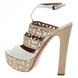 Pre Owned Azzedine Alaia Cream Cut Out Ankle Strap Platform Sandals Size 38