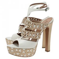 Pre Owned Azzedine Alaia Cream Cut Out Ankle Strap Platform Sandals Size 38