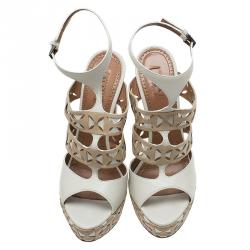Pre Owned Azzedine Alaia Cream Cut Out Ankle Strap Platform Sandals Size 38