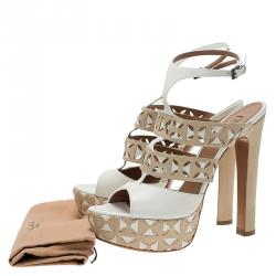 Pre Owned Azzedine Alaia Cream Cut Out Ankle Strap Platform Sandals Size 38