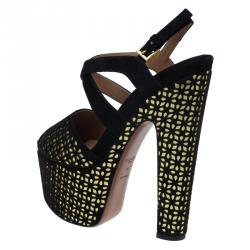 Pre Owned Azzedine Alaia Black and Metallic Gold Suede Cutout Platform Sandals Size 38