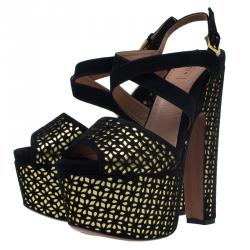 Pre Owned Azzedine Alaia Black and Metallic Gold Suede Cutout Platform Sandals Size 38