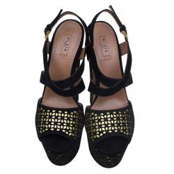 Pre Owned Azzedine Alaia Black and Metallic Gold Suede Cutout Platform Sandals Size 38