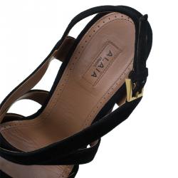 Pre Owned Azzedine Alaia Black and Metallic Gold Suede Cutout Platform Sandals Size 38
