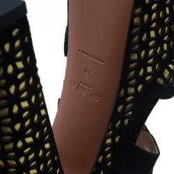 Pre Owned Azzedine Alaia Black and Metallic Gold Suede Cutout Platform Sandals Size 38