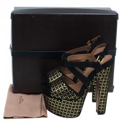 Pre Owned Azzedine Alaia Black and Metallic Gold Suede Cutout Platform Sandals Size 38