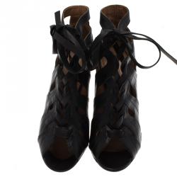 Pre Owned Alaia Black Leather Cutout Lace Up Ankle Boots Size 38.5