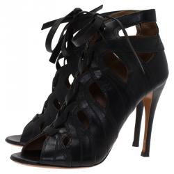 Pre Owned Alaia Black Leather Cutout Lace Up Ankle Boots Size 38.5