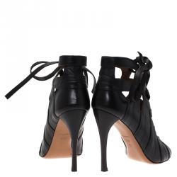 Pre Owned Alaia Black Leather Cutout Lace Up Ankle Boots Size 38.5