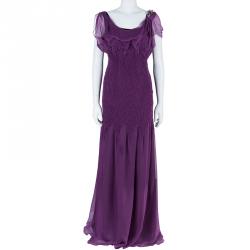 Pre Owned Alberta Ferretti Purple Embellished Chiffon Maxi Dress M