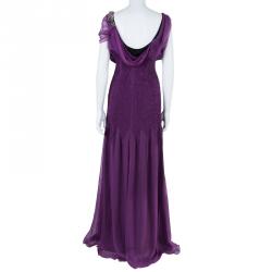 Pre Owned Alberta Ferretti Purple Embellished Chiffon Maxi Dress M