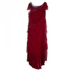 Alberta Ferretti Red Chiffon Tiered Stone Embellished Gown M