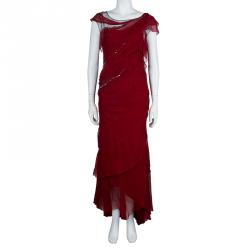 Alberta Ferretti Red Chiffon Tiered Stone Embellished Gown M