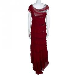Alberta Ferretti Red Chiffon Tiered Stone Embellished Gown M