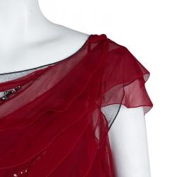 Alberta Ferretti Red Chiffon Tiered Stone Embellished Gown M