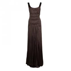 Pre Owned Alberta Ferretti Brown Knit Smocking Detail Sleeveless Gown M