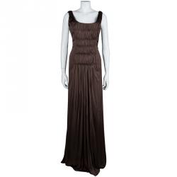 Pre Owned Alberta Ferretti Brown Knit Smocking Detail Sleeveless Gown M