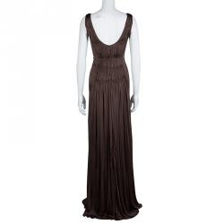 Pre Owned Alberta Ferretti Brown Knit Smocking Detail Sleeveless Gown M