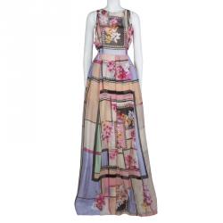 Pre Owned Alberta Ferretti Multicolor Floral Print Sheer Back Detail Sleeveless Gown M