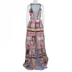 Pre Owned Alberta Ferretti Multicolor Floral Print Sheer Back Detail Sleeveless Gown M