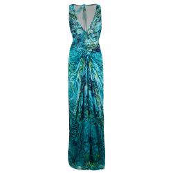 Alberta Ferretti Turquoise Printed Mesh Insert Ruched Sleeveless Gown L