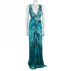 Alberta Ferretti Turquoise Printed Mesh Insert Ruched Sleeveless Gown L