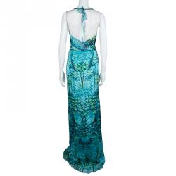 Alberta Ferretti Turquoise Printed Mesh Insert Ruched Sleeveless Gown L