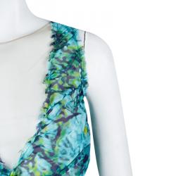 Alberta Ferretti Turquoise Printed Mesh Insert Ruched Sleeveless Gown L
