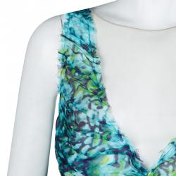 Alberta Ferretti Turquoise Printed Mesh Insert Ruched Sleeveless Gown L